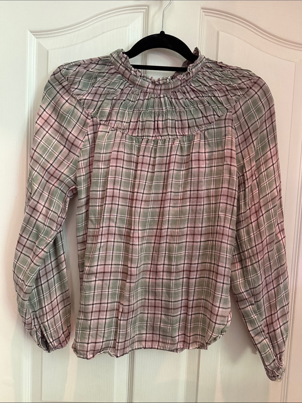 LOFT Pink and Sage Plaid Smocked Yoke Blouse